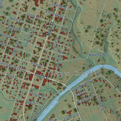 Close-up of the map of Blanco, Texas print showing street and building detail