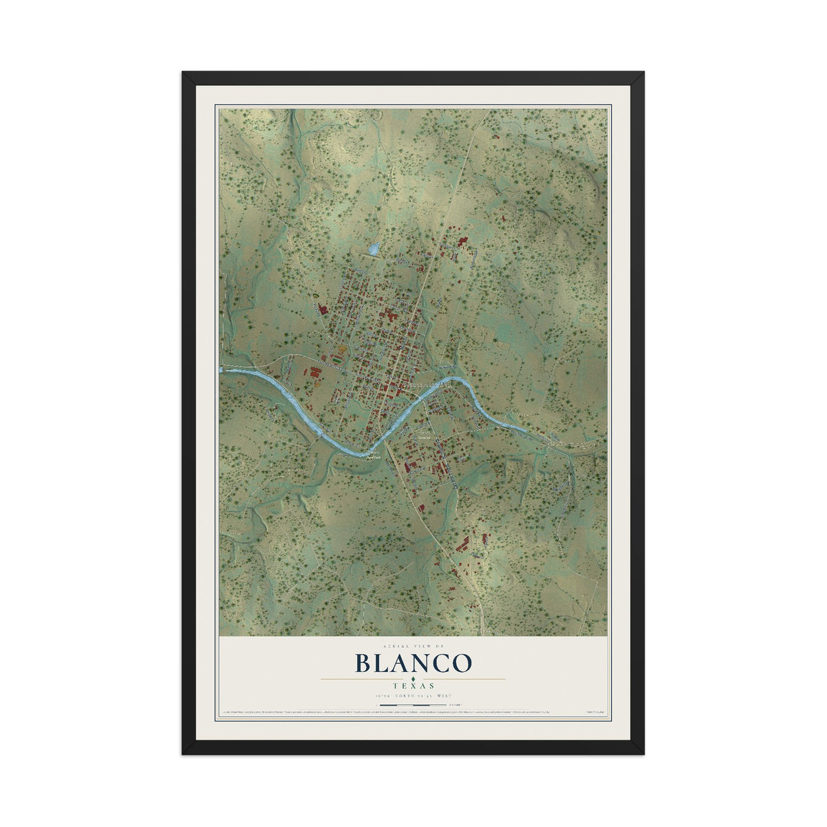 Map of Blanco, Texas, 12 x 18 inch print in a black wood frame