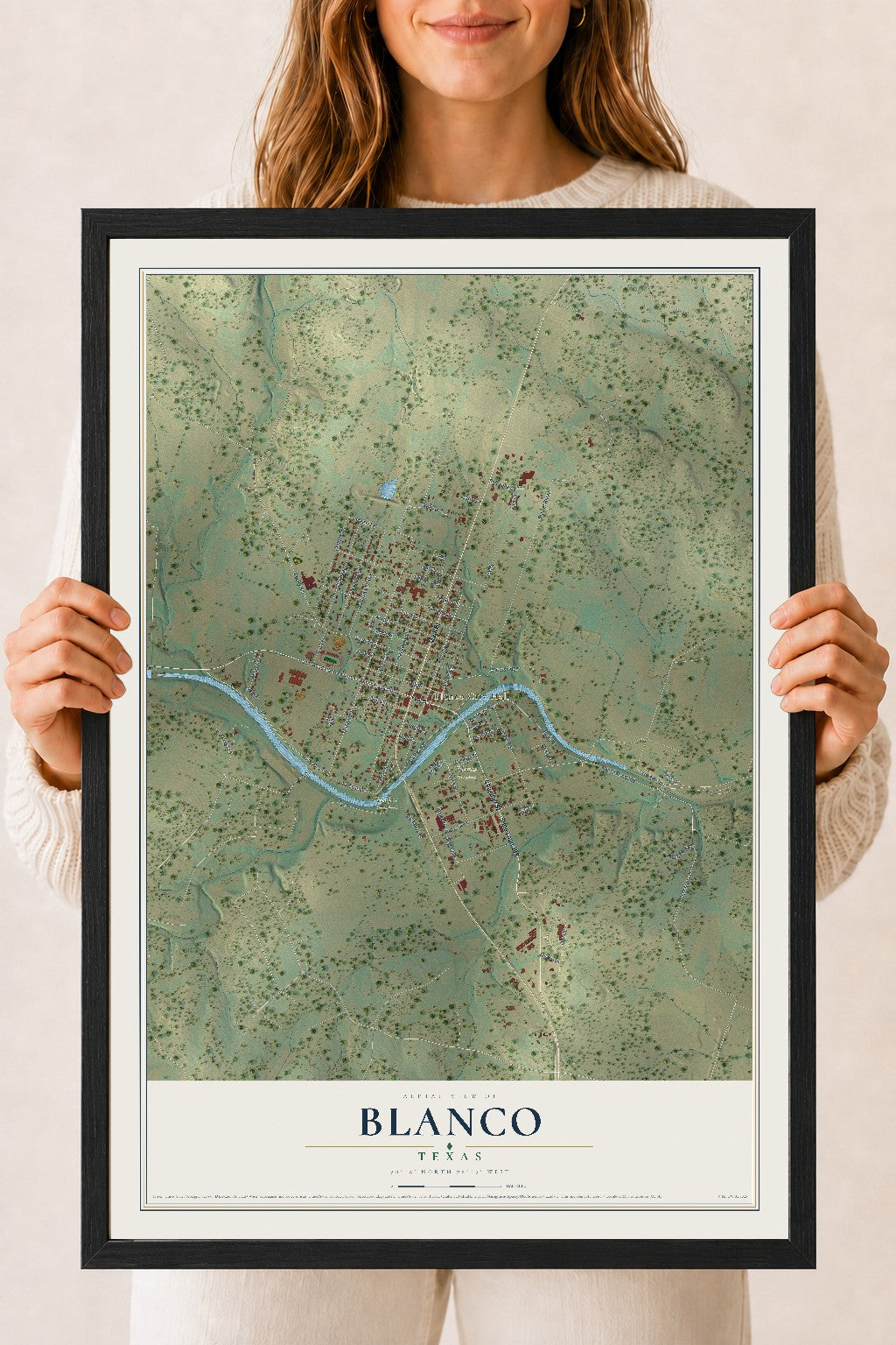 Map of Blanco, Texas, 18 x 24 inch print in a black wood frame