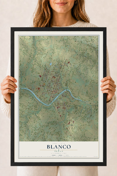 Map of Blanco, Texas, 18 x 24 inch print in a black wood frame