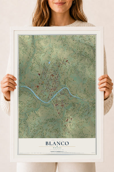 Map of Blanco, Texas, 18 x 24 inch print in a white wood frame