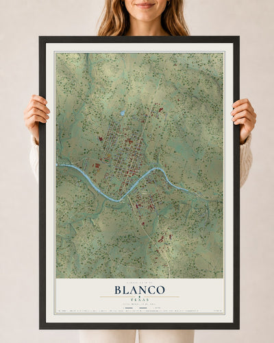 Map of Blanco, Texas, 24 x 36 inch print in a black wood frame