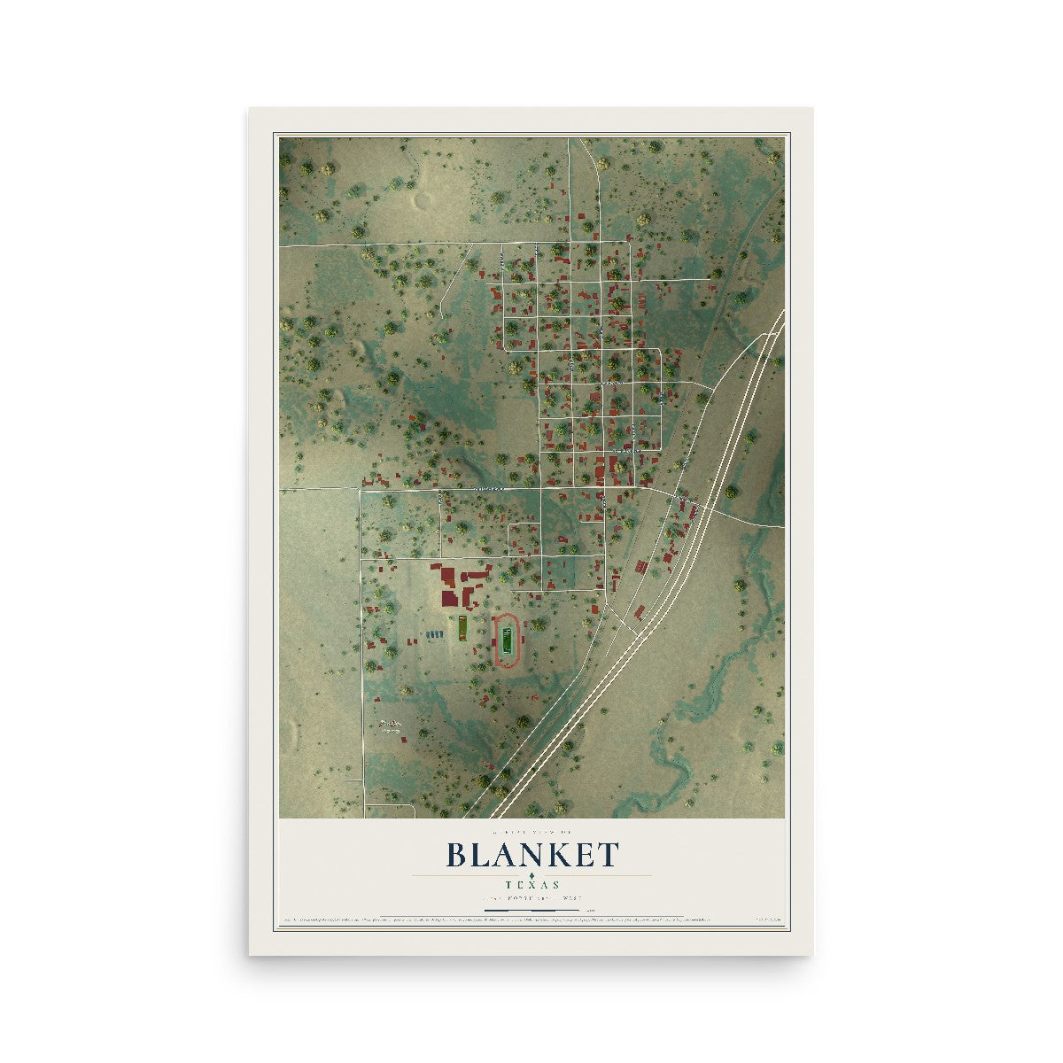 Map of Blanket, Texas, 12 x 18 inch unframed archival matte print