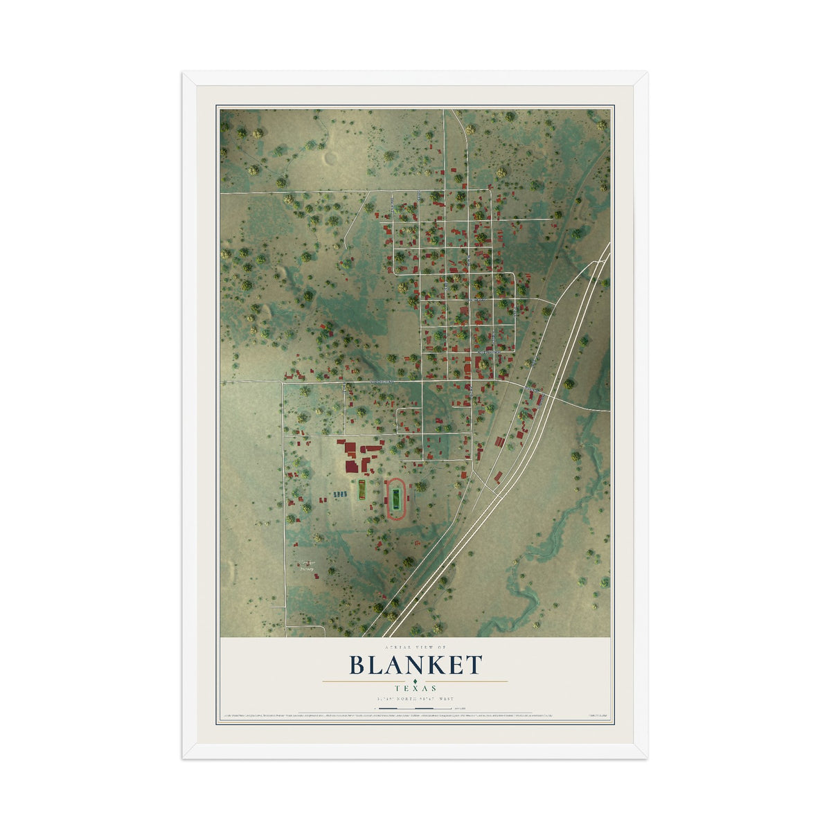 Map of Blanket, Texas, 12 x 18 inch print in a white wood frame
