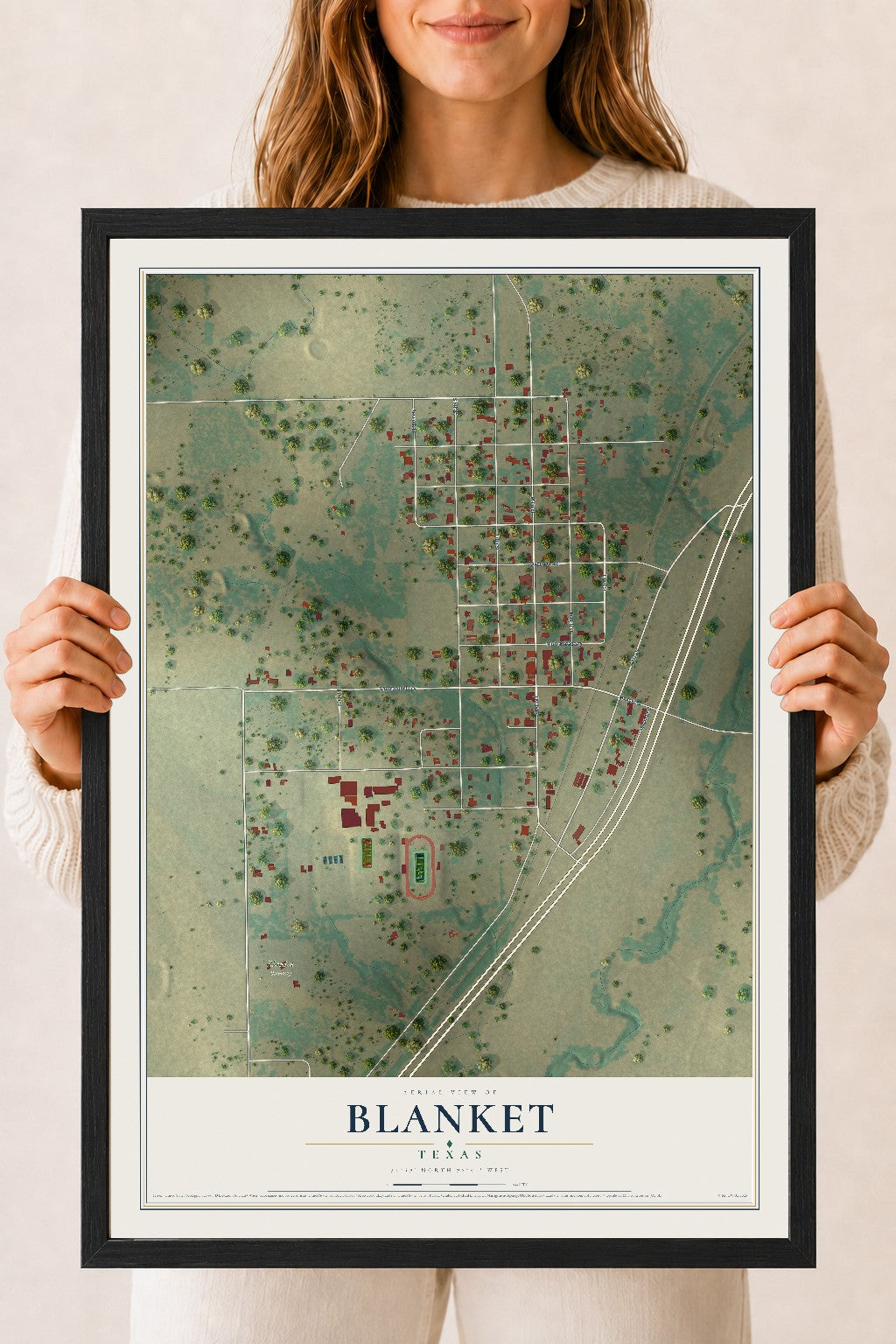 Map of Blanket, Texas, 18 x 24 inch print in a black wood frame