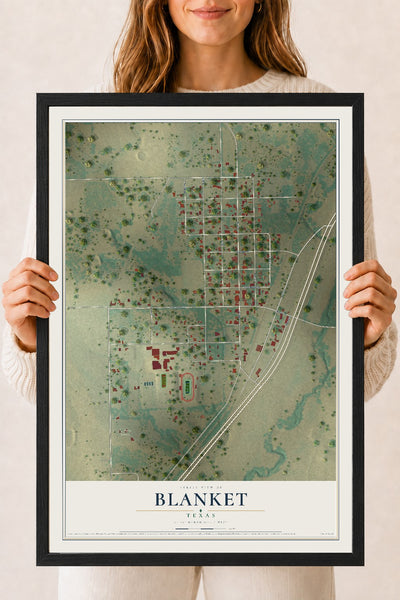 Map of Blanket, Texas, 18 x 24 inch print in a black wood frame