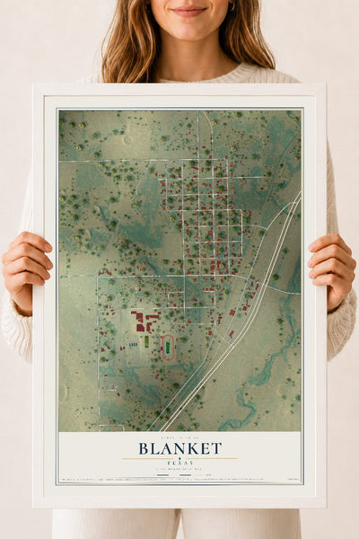 Map of Blanket, Texas, 18 x 24 inch print in a white wood frame