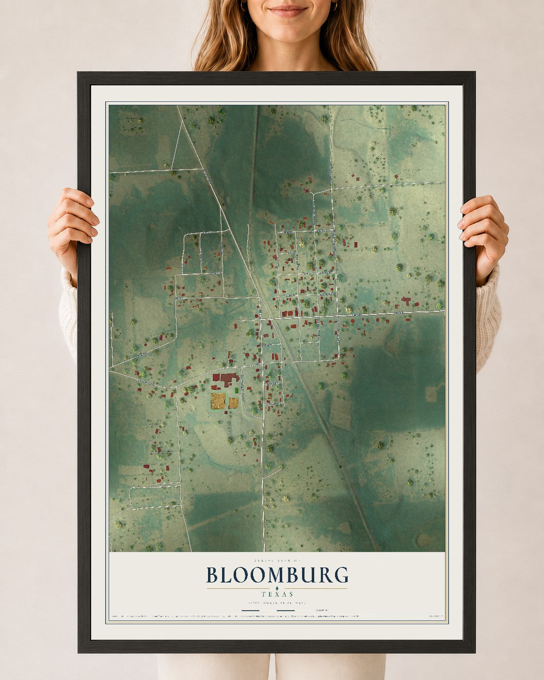 Map of Bloomburg, Texas, 24 x 36 inch print in a black wood frame