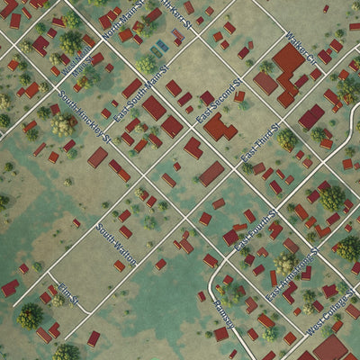 Close-up of the map of Blooming Grove, Texas print showing street and building detail