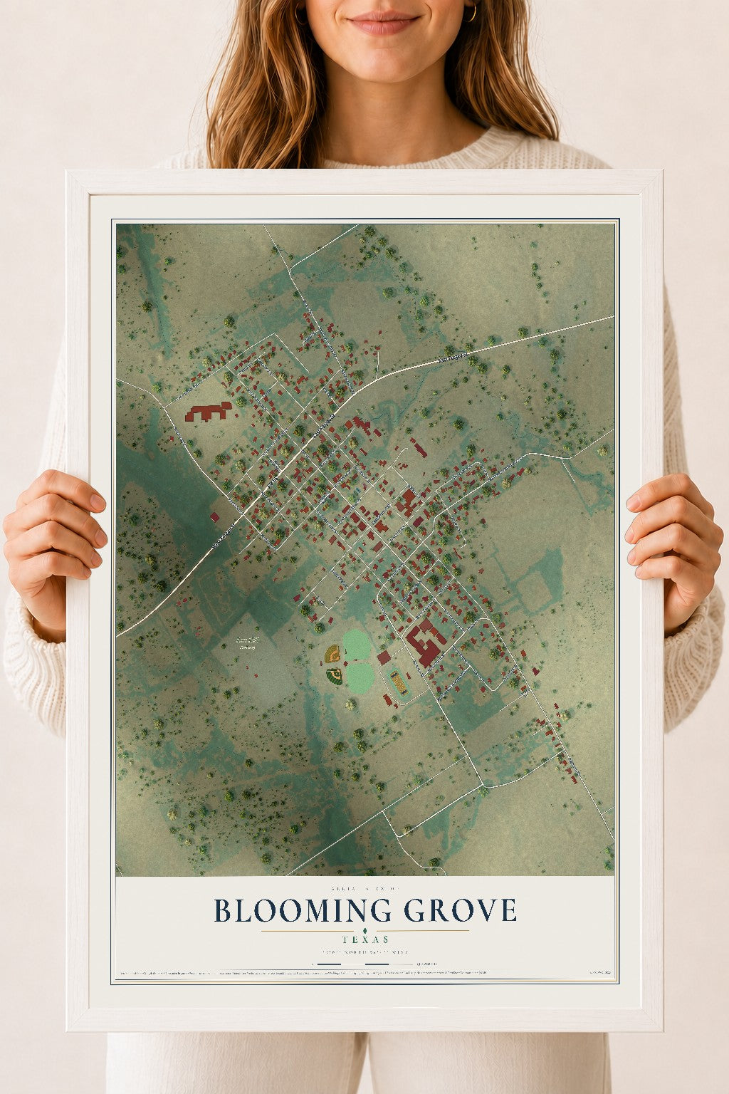 Map of Blooming Grove, Texas, 18 x 24 inch print in a white wood frame