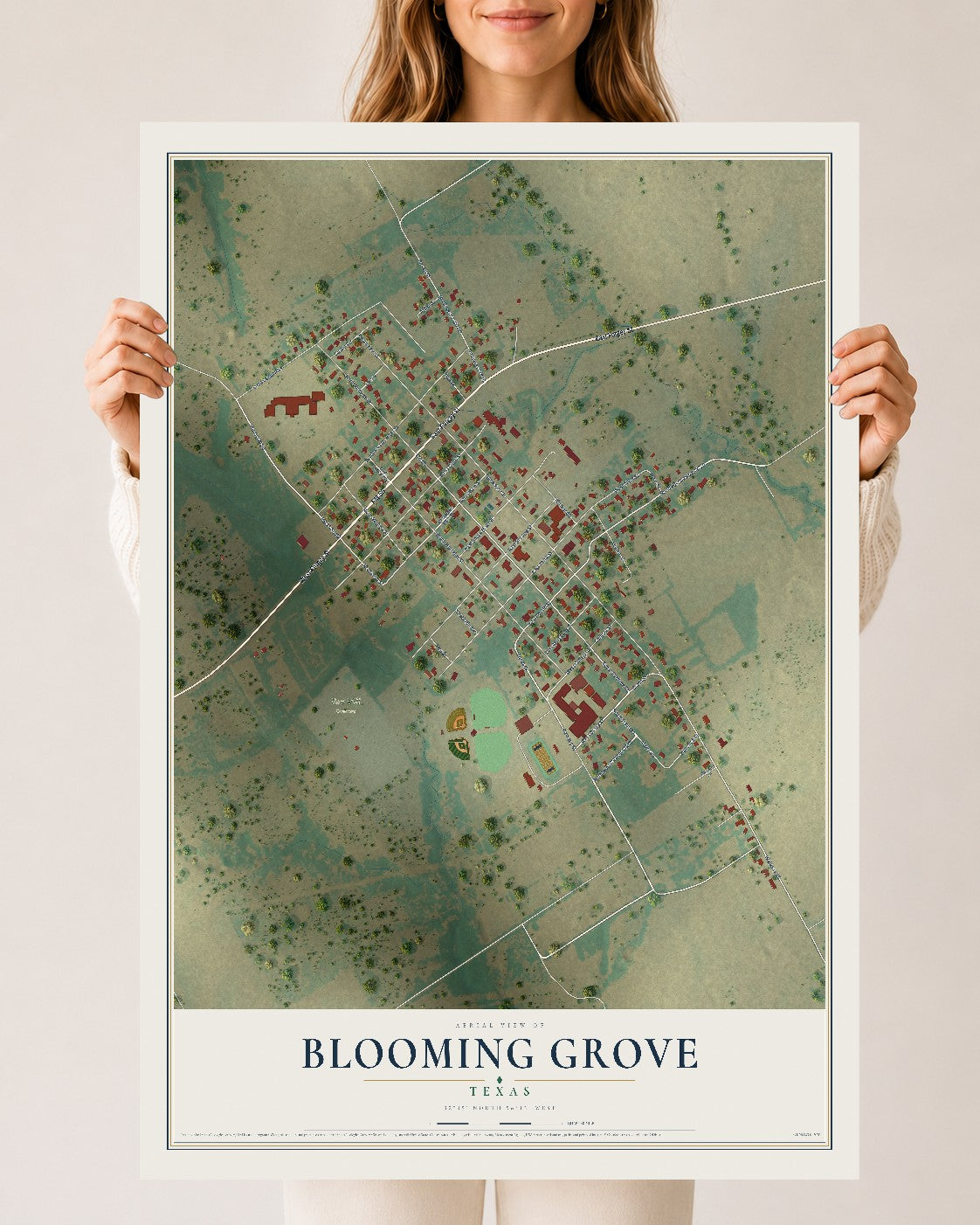 Map of Blooming Grove, Texas, 24 x 36 inch unframed archival matte print