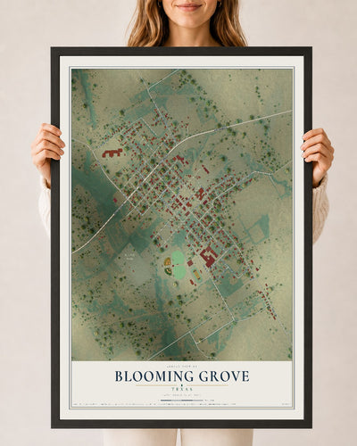 Map of Blooming Grove, Texas, 24 x 36 inch print in a black wood frame