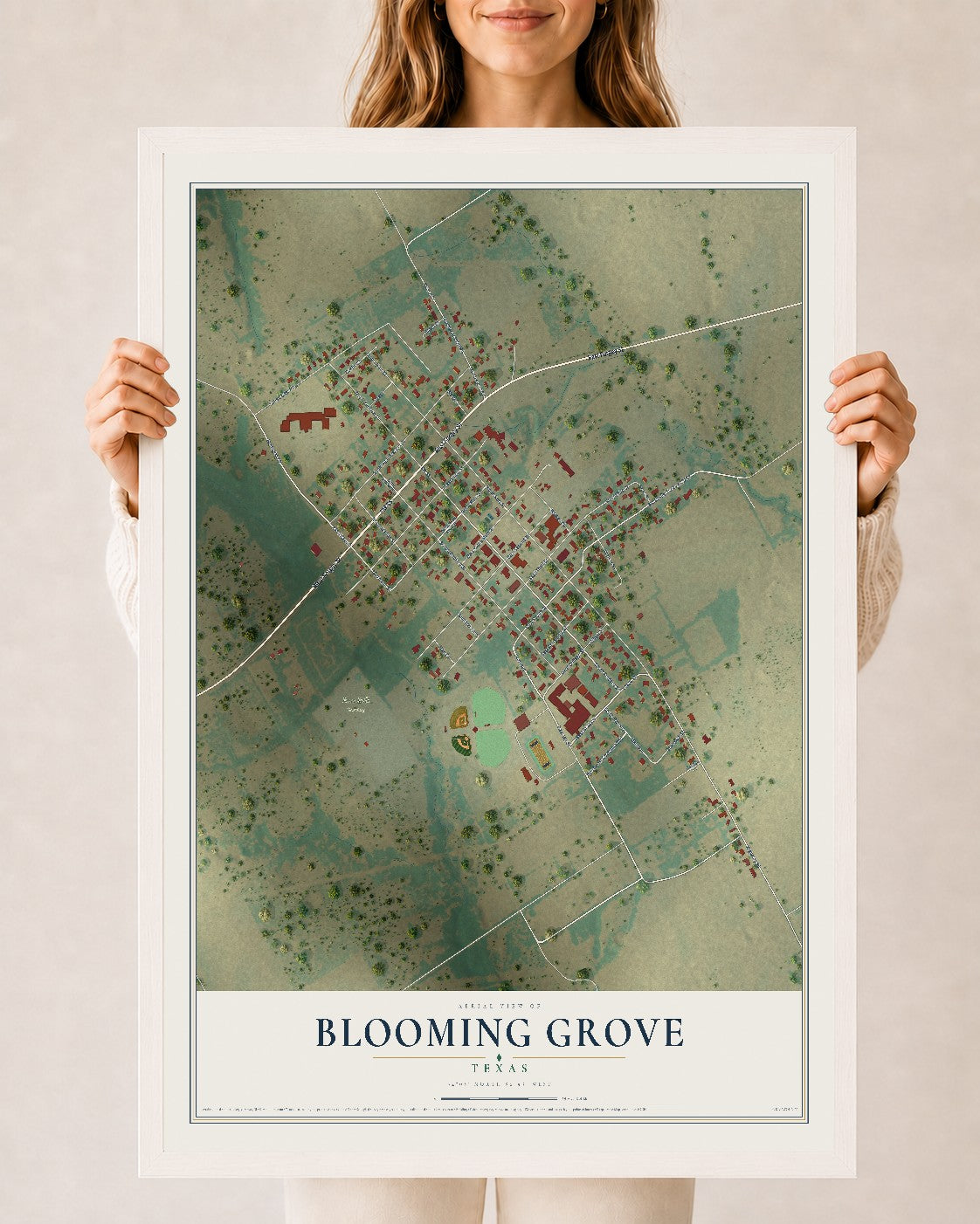 Map of Blooming Grove, Texas, 24 x 36 inch print in a white wood frame