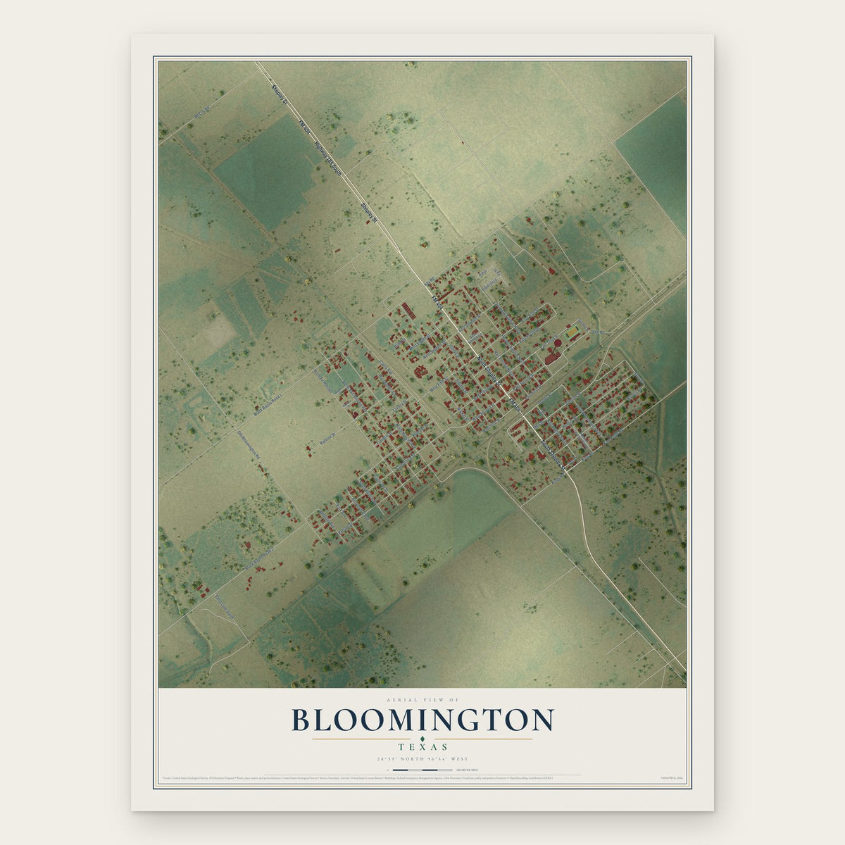 Bloomington, Texas map print, the full design