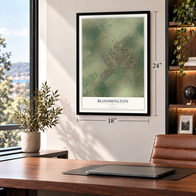 Bloomington, Texas map, 18 x 24 inch print in a black frame in a home office