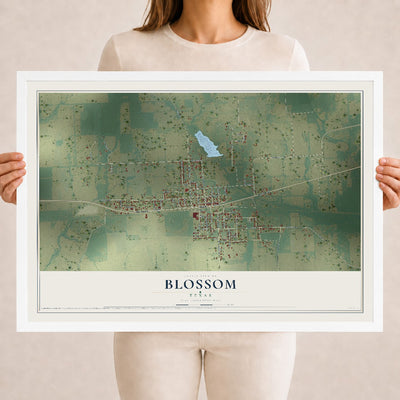 Map of Blossom, Texas, 18 x 24 inch print in a white wood frame