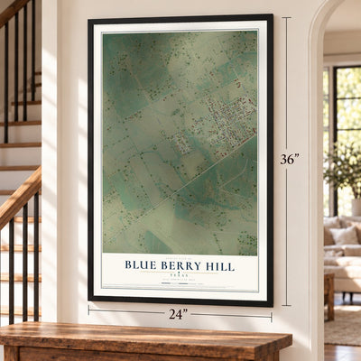 Blue Berry Hill, Texas map, 24 x 36 inch print in a black frame by a staircase