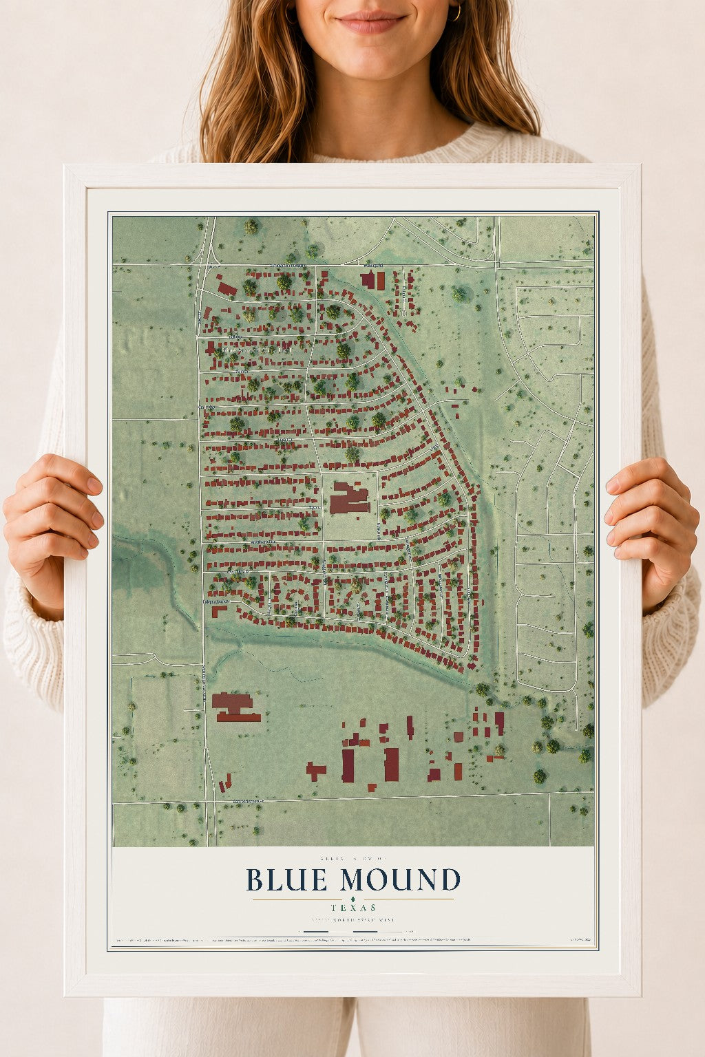 Map of Blue Mound, Texas, 18 x 24 inch print in a white wood frame
