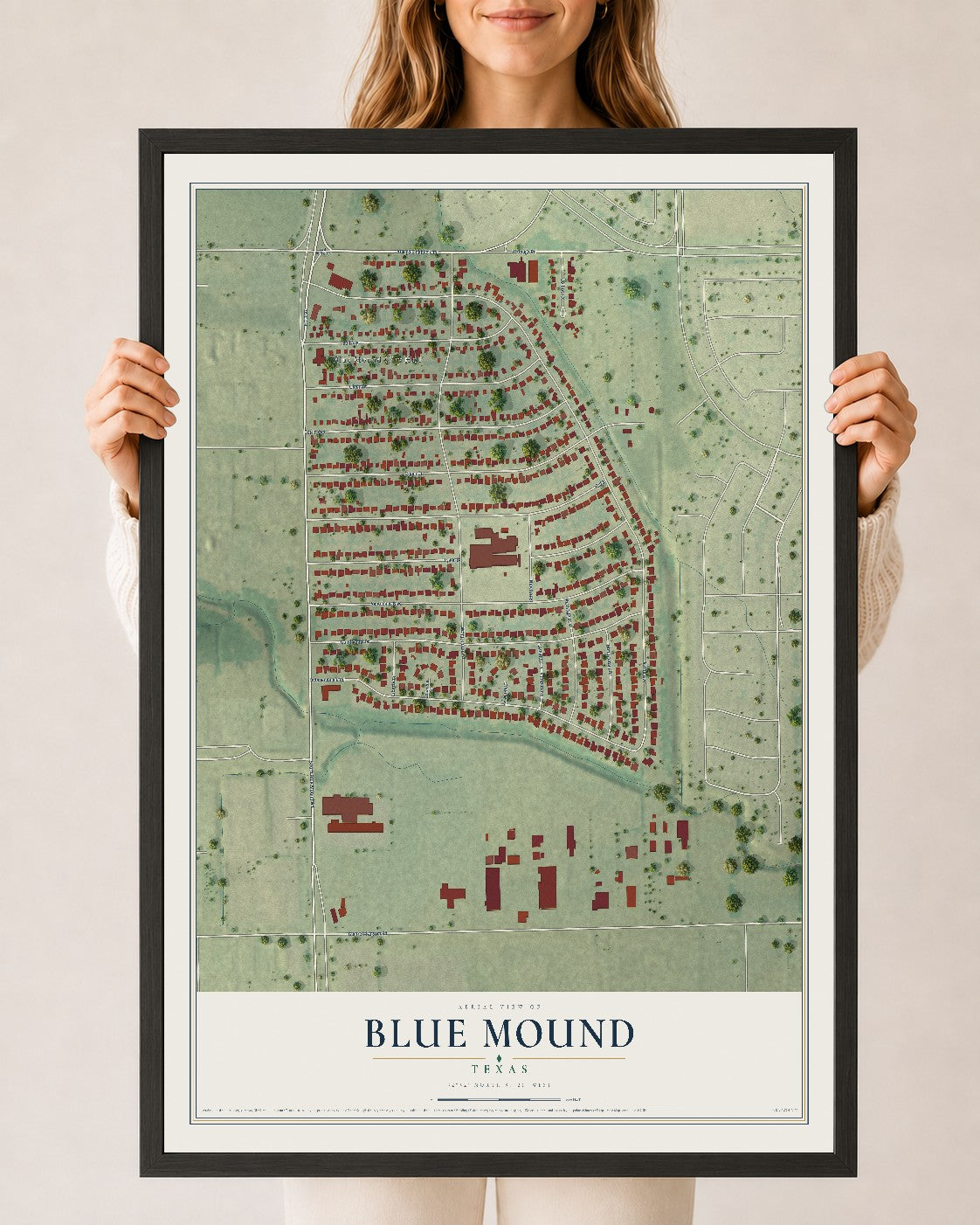 Map of Blue Mound, Texas, 24 x 36 inch print in a black wood frame