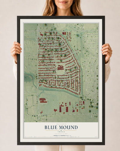 Map of Blue Mound, Texas, 24 x 36 inch print in a black wood frame