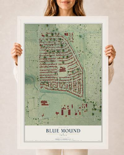 Map of Blue Mound, Texas, 24 x 36 inch print in a white wood frame