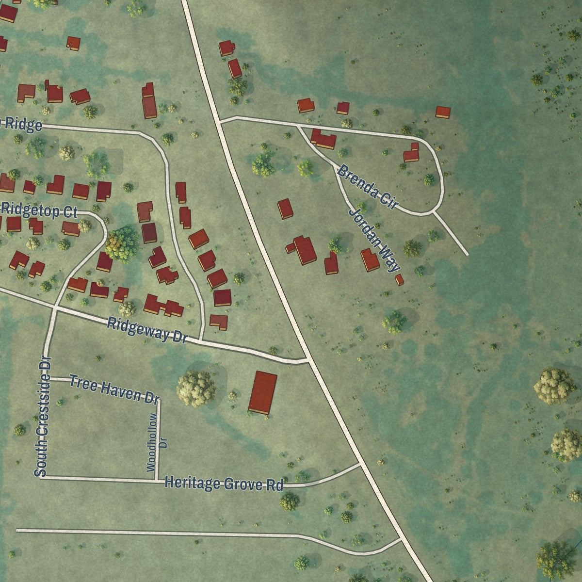 Second close-up of the map of Blue Ridge, Texas print showing more streets and buildings
