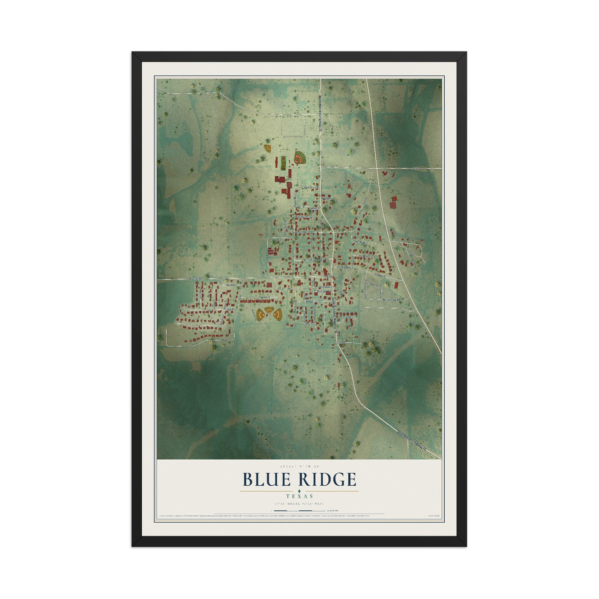 Map of Blue Ridge, Texas, 12 x 18 inch print in a black wood frame