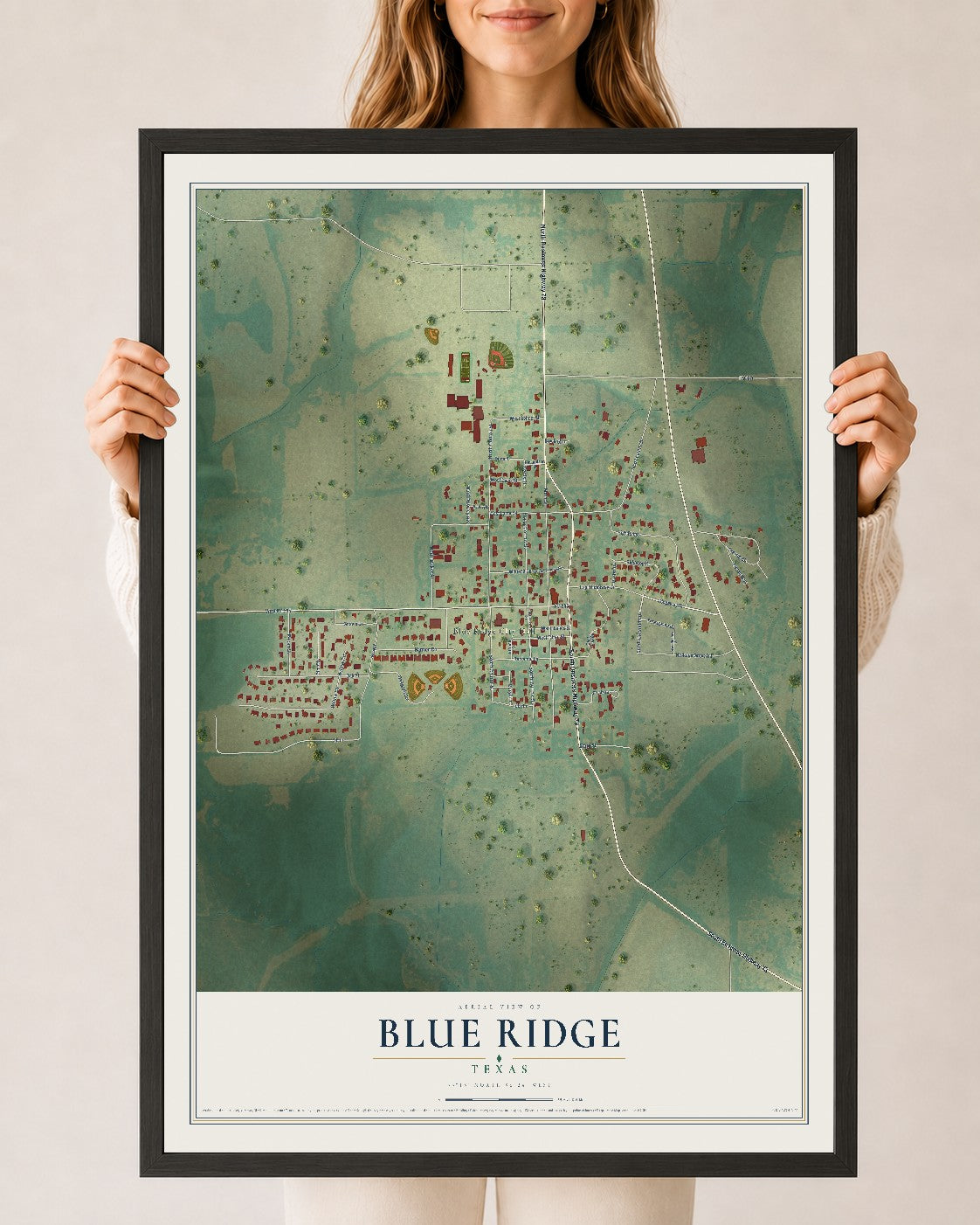 Map of Blue Ridge, Texas, 24 x 36 inch print in a black wood frame