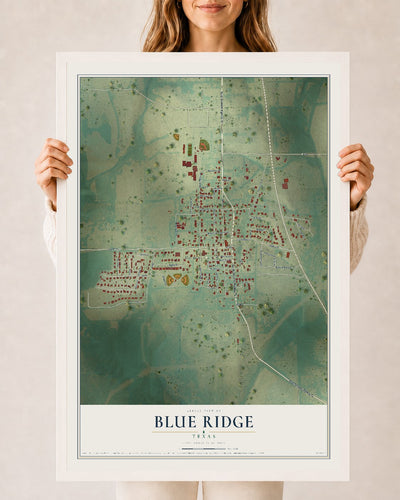 Map of Blue Ridge, Texas, 24 x 36 inch print in a white wood frame