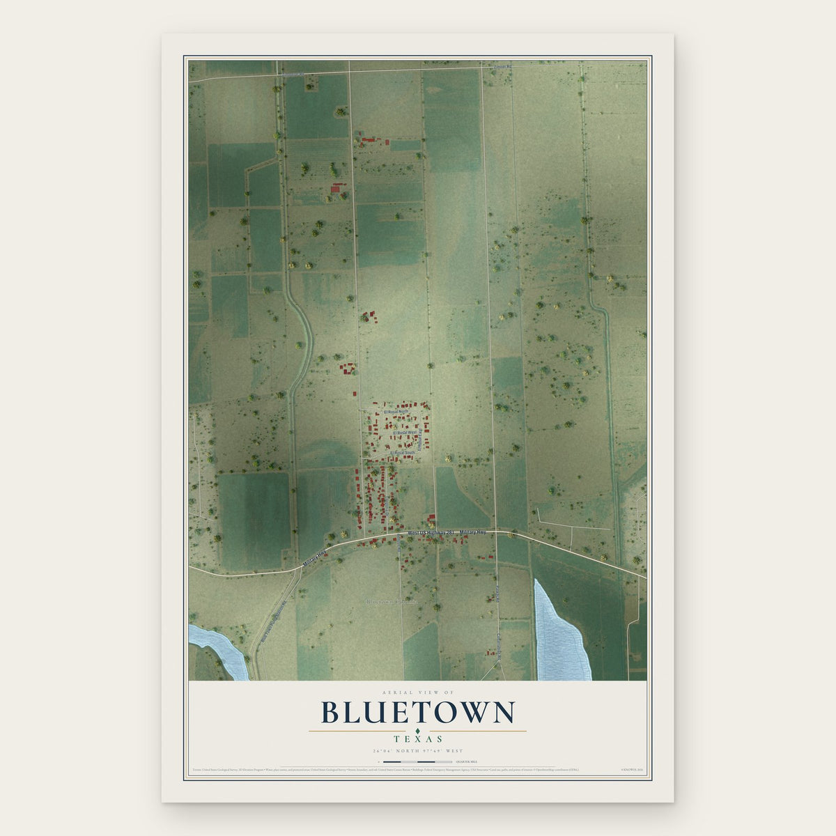 Bluetown, Texas map print, the full design