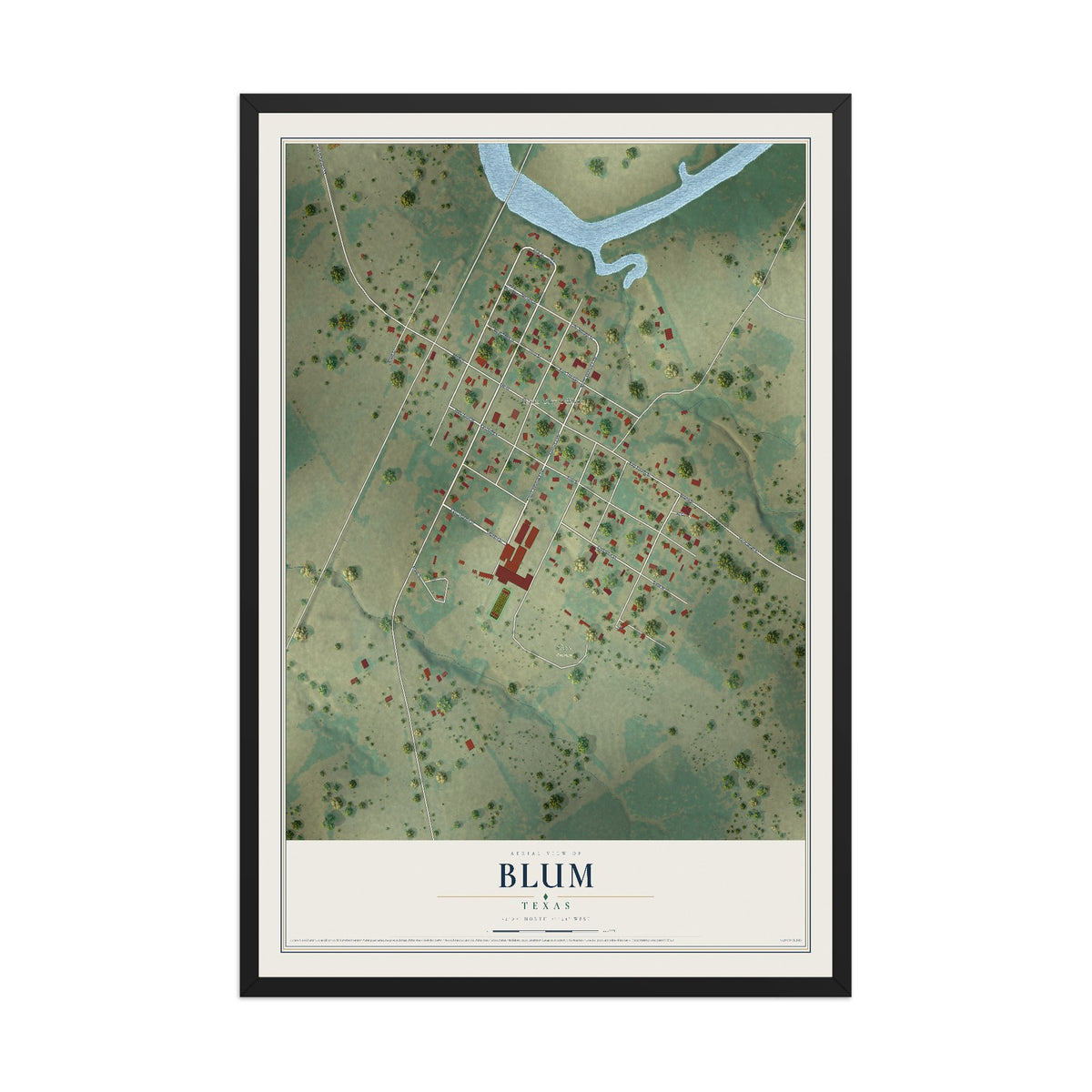 Map of Blum, Texas, 12 x 18 inch print in a black wood frame