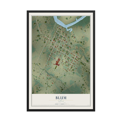 Map of Blum, Texas, 12 x 18 inch print in a black wood frame