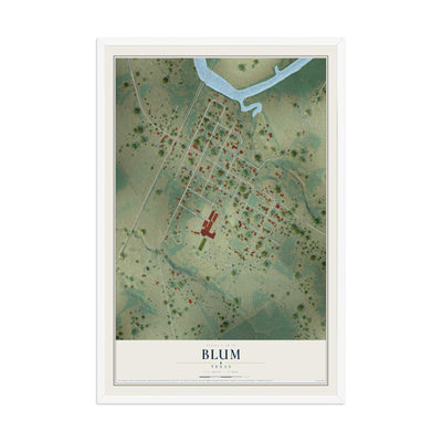Map of Blum, Texas, 12 x 18 inch print in a white wood frame