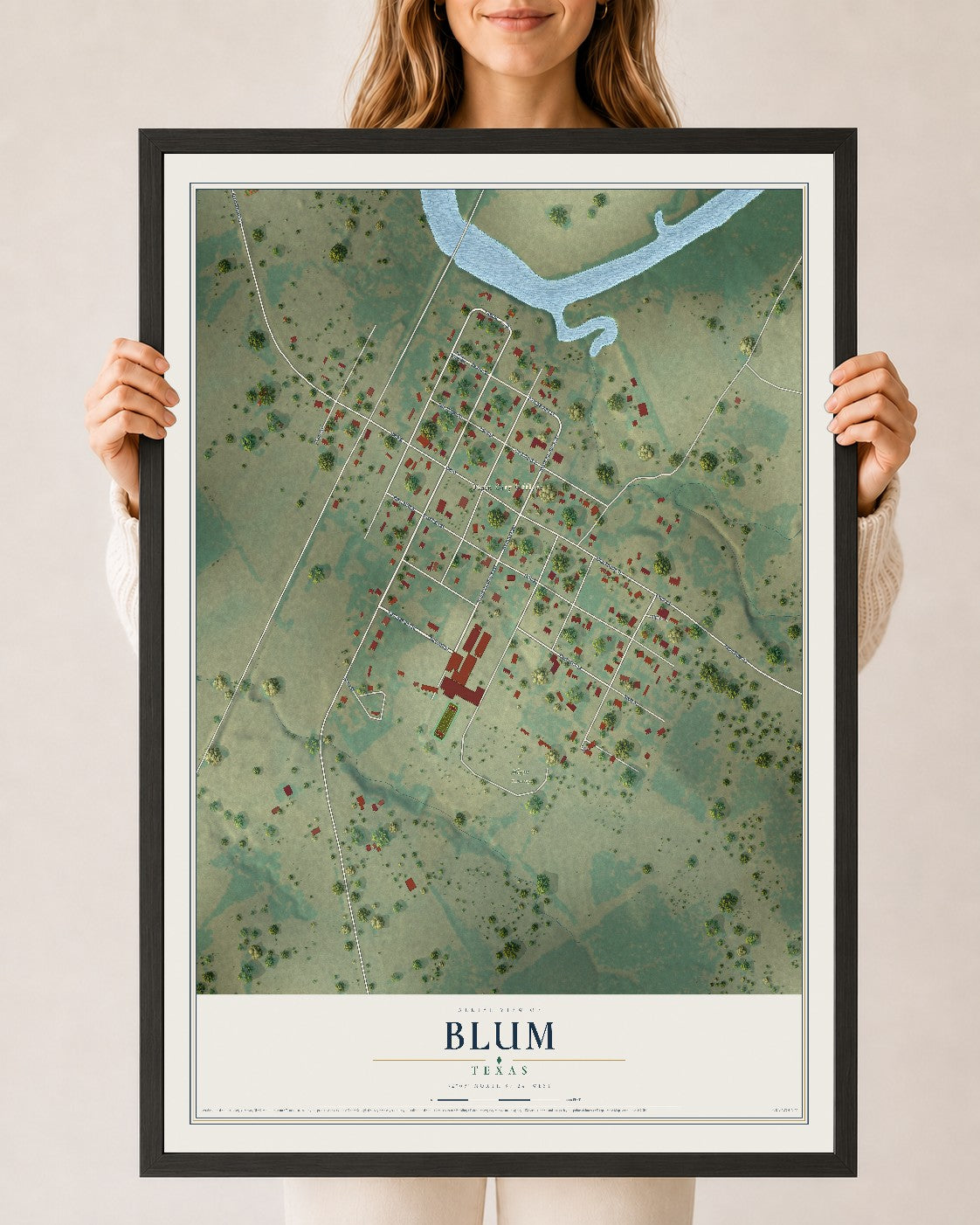 Map of Blum, Texas, 24 x 36 inch print in a black wood frame