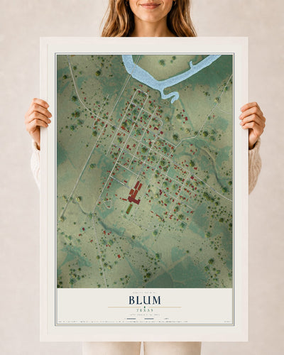 Map of Blum, Texas, 24 x 36 inch print in a white wood frame