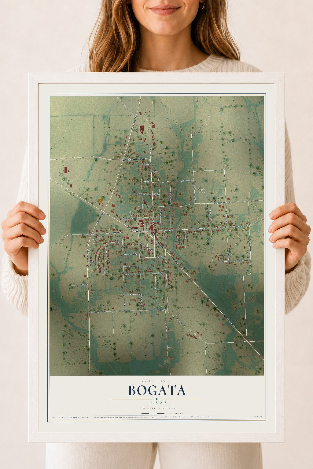 Map of Bogata, Texas, 18 x 24 inch print in a white wood frame