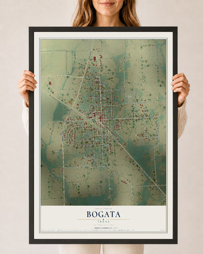 Map of Bogata, Texas, 24 x 36 inch print in a black wood frame
