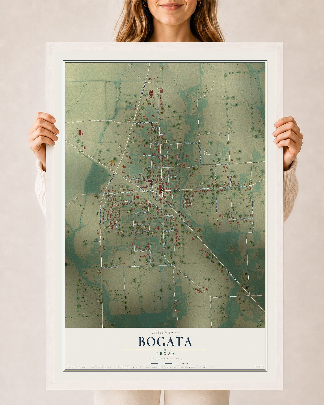 Map of Bogata, Texas, 24 x 36 inch print in a white wood frame