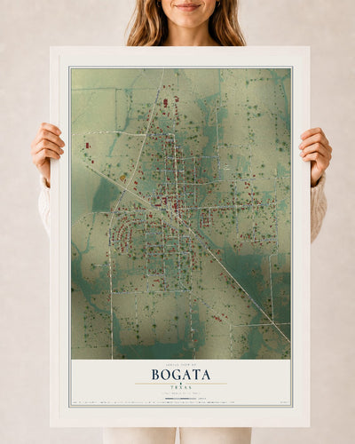 Map of Bogata, Texas, 24 x 36 inch print in a white wood frame
