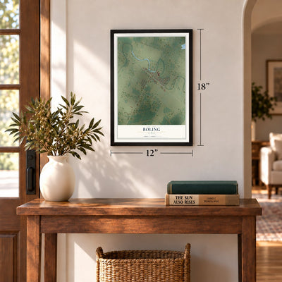 Boling, Texas map, 12 x 18 inch print in a black frame in an entryway