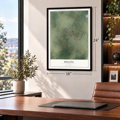 Boling, Texas map, 18 x 24 inch print in a black frame in a home office