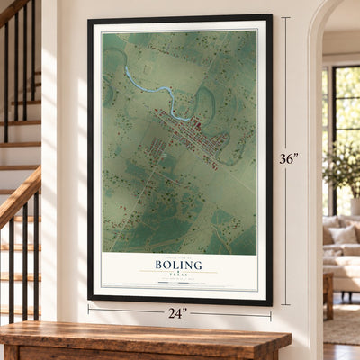 Boling, Texas map, 24 x 36 inch print in a black frame by a staircase