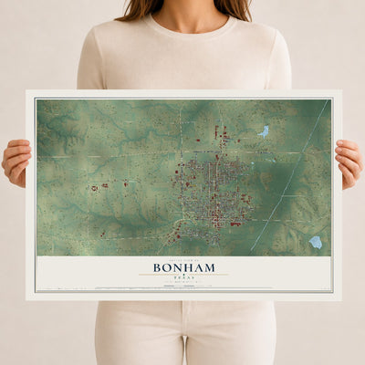 Map of Bonham, Texas, 12 x 18 inch unframed archival matte print