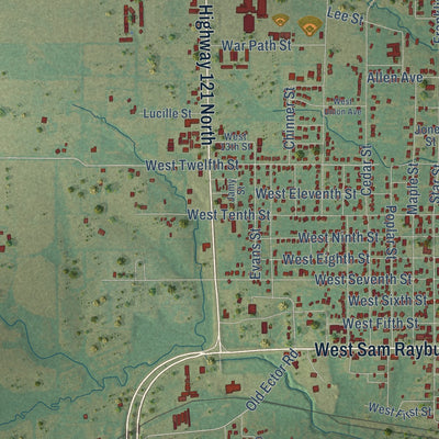 Close-up of the map of Bonham, Texas print showing street and building detail