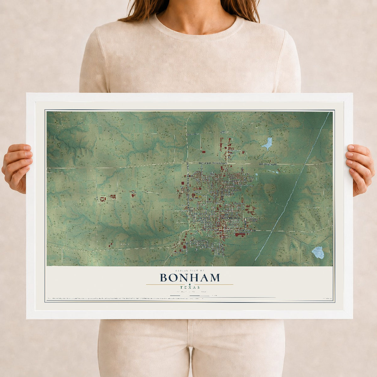 Map of Bonham, Texas, 12 x 18 inch print in a white wood frame