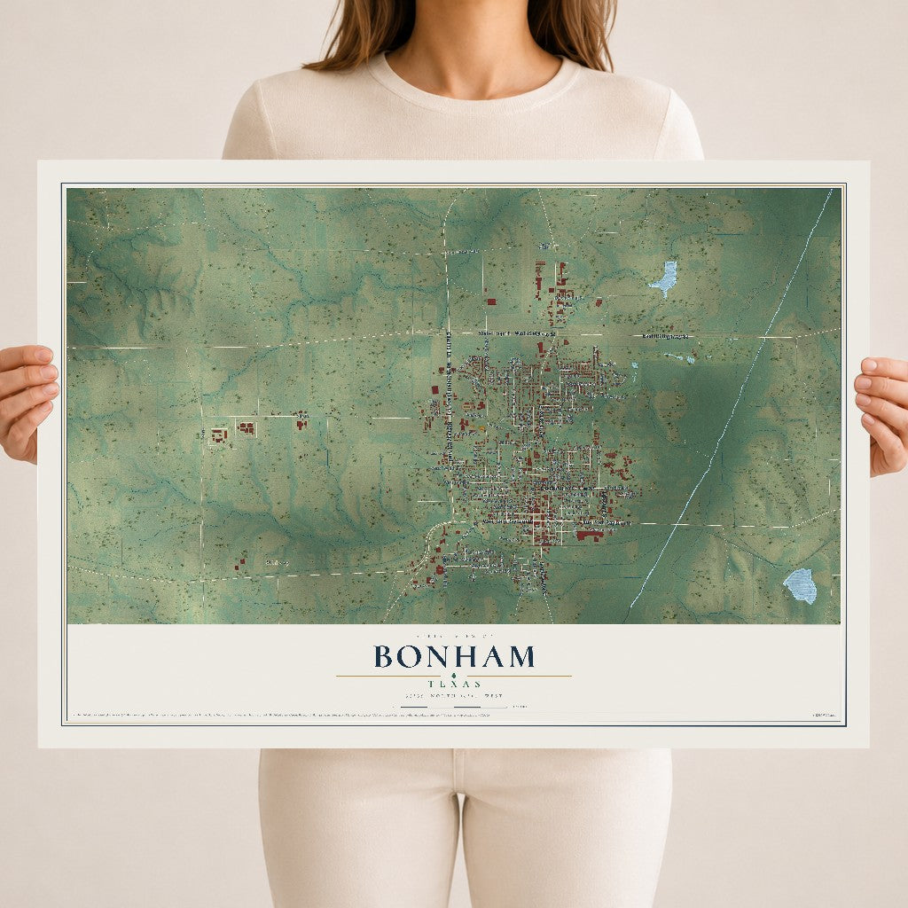 Map of Bonham, Texas, 18 x 24 inch unframed archival matte print