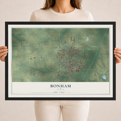 Map of Bonham, Texas, 18 x 24 inch print in a black wood frame