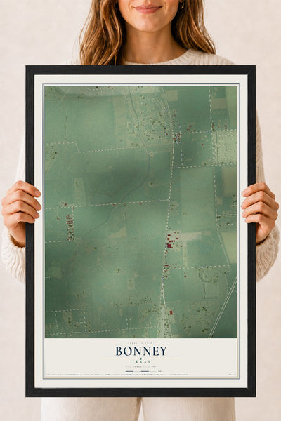 Map of Bonney, Texas, 18 x 24 inch print in a black wood frame
