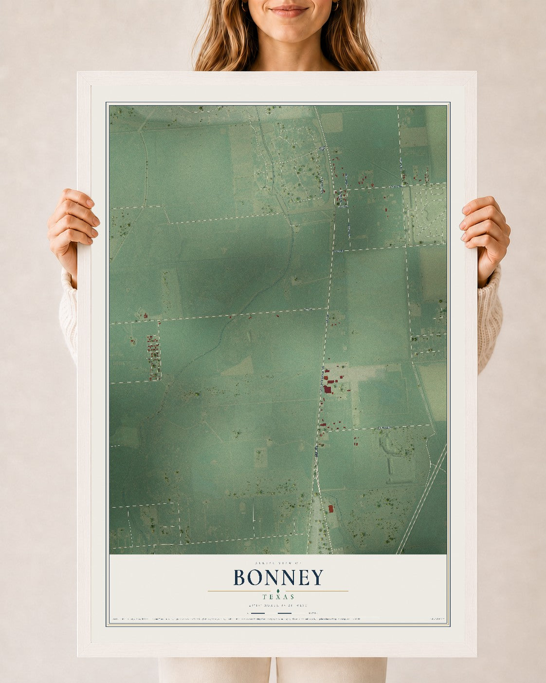 Map of Bonney, Texas, 24 x 36 inch print in a white wood frame