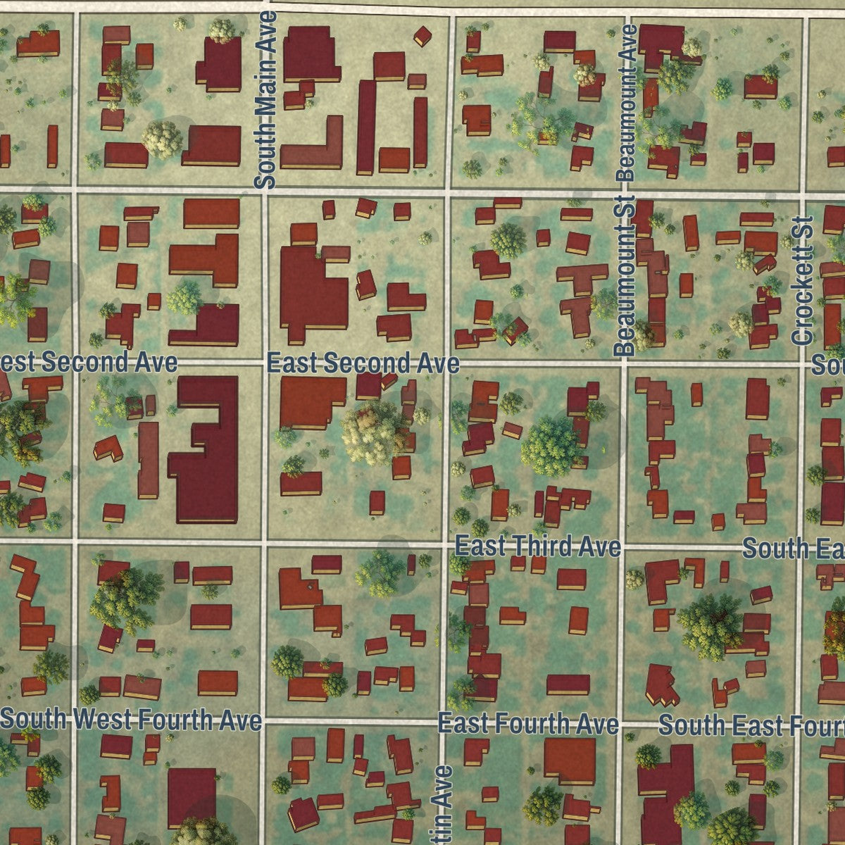 Close-up of the map of Booker, Texas print showing street and building detail
